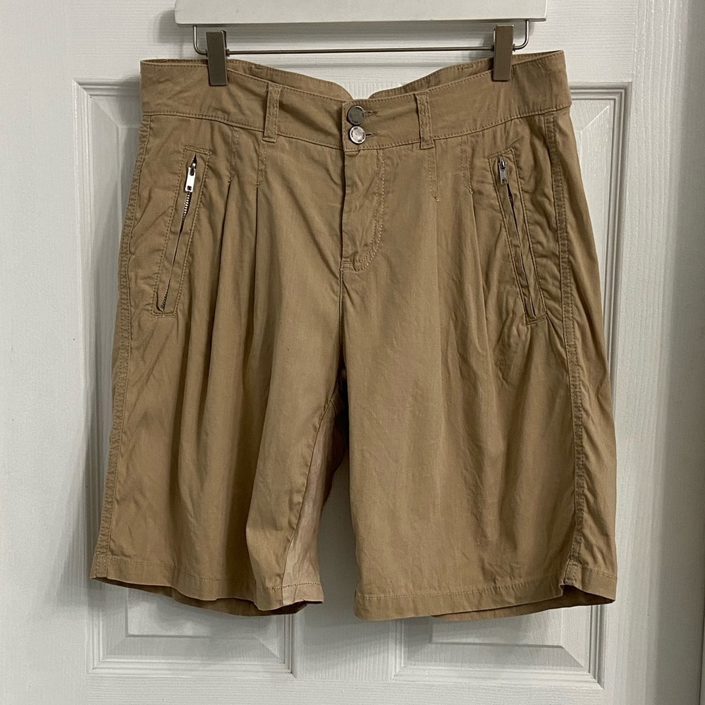 Twin-Set Linen Blend Pleated Bermuda Shorts Tan Size Medium
